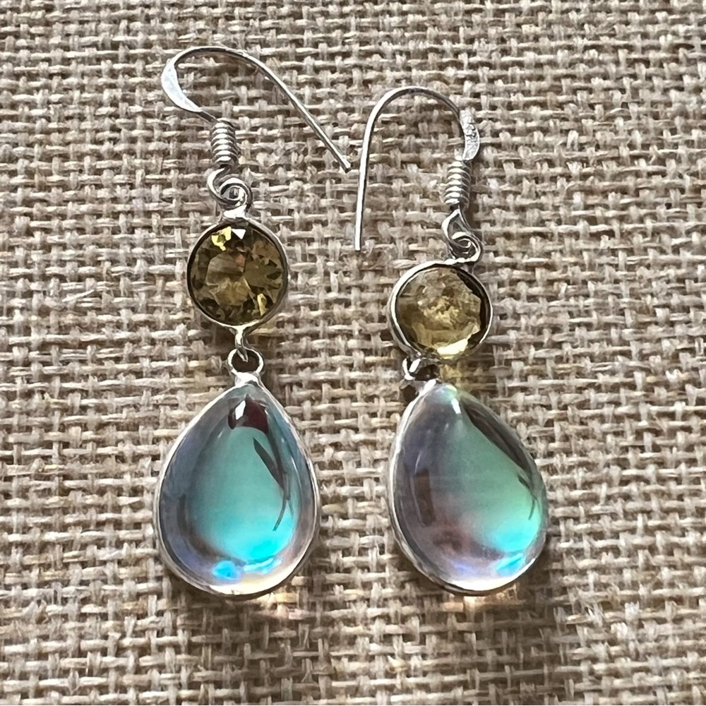 New Sim Rainbow Topaz w Citrine Silver Hook Earrings